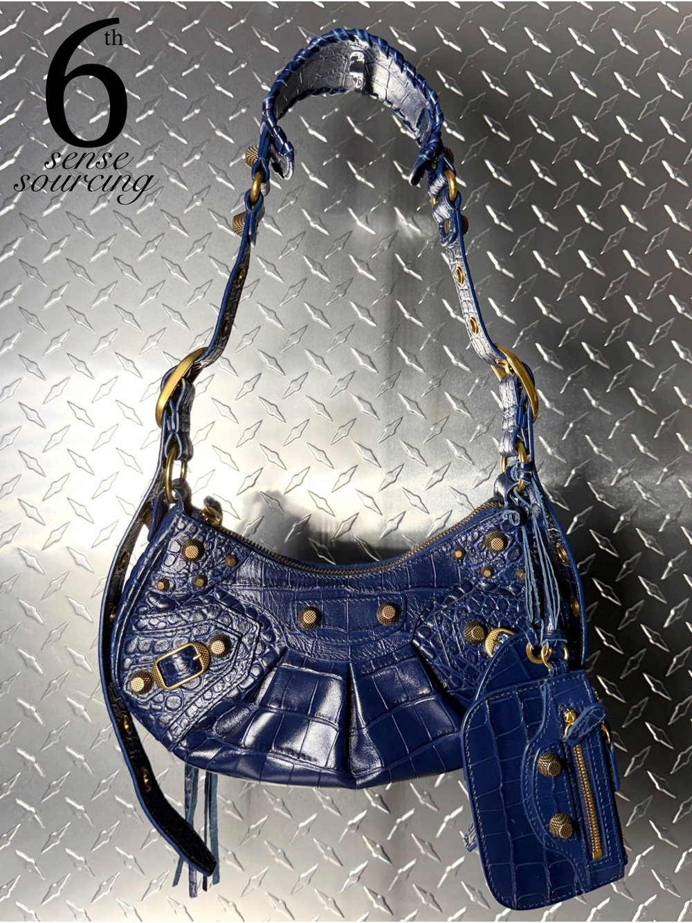 Balenciaga Croc Embossed Le Cagole Shoulder Bag in Navy GHW